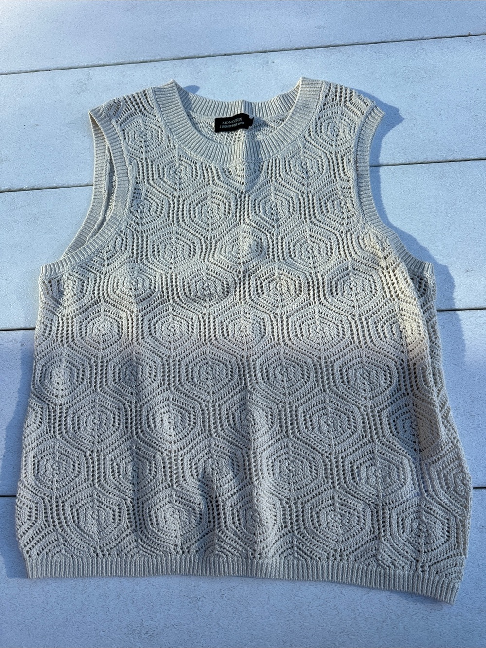 Monoprix Beige Crochet Knit Sleeveless Sweater Vest